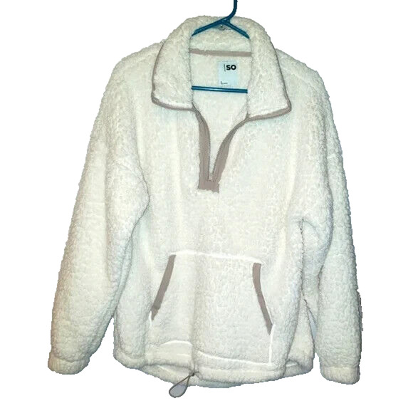 SO Women’s Cream & Tan Fleece Pullover S Oversized, Pockets, Collared Neck - Picture 1 of 7